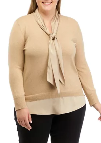 Plus Lurex Long Sleeve Tie Neck 2Fer Top with Shirttail Hem