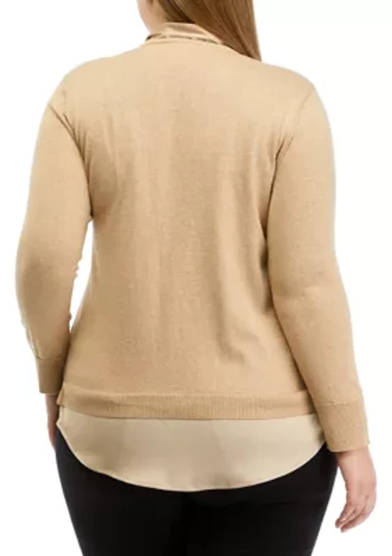 Plus Lurex Long Sleeve Tie Neck 2Fer Top with Shirttail Hem