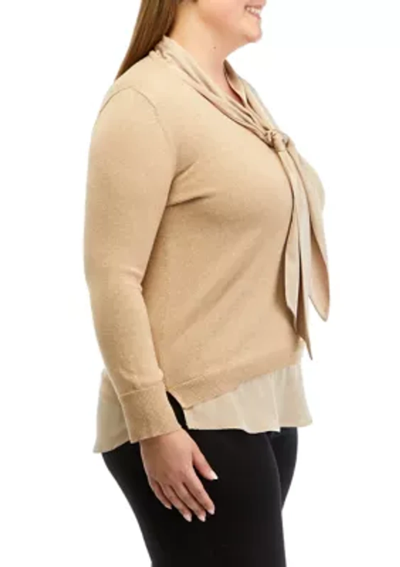 Plus Lurex Long Sleeve Tie Neck 2Fer Top with Shirttail Hem