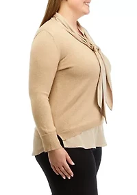 Plus Lurex Long Sleeve Tie Neck 2Fer Top with Shirttail Hem