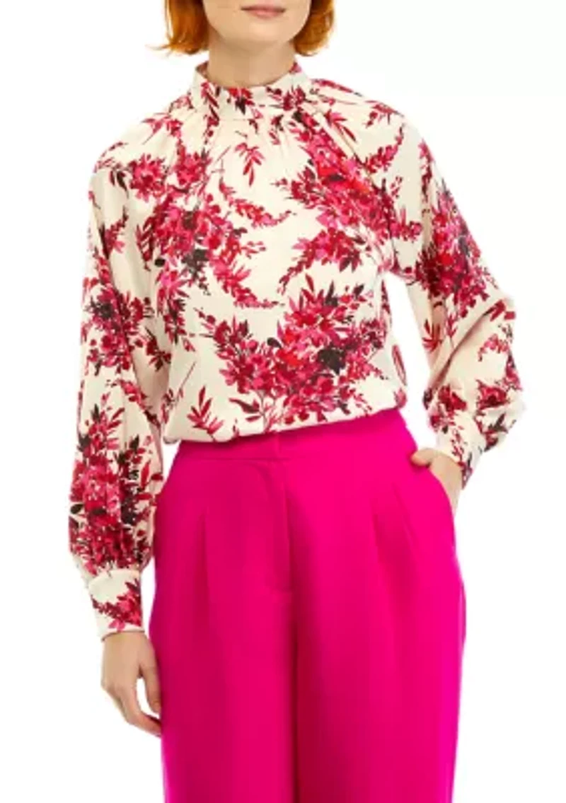 Petite Long Sleeve Mock Neck Satin Blouse