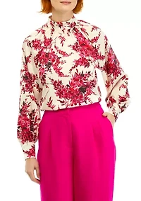 Petite Long Sleeve Mock Neck Satin Blouse