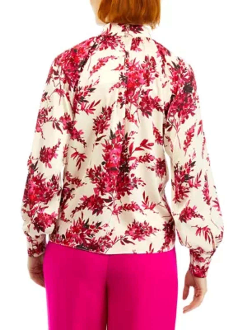 Petite Long Sleeve Mock Neck Satin Blouse