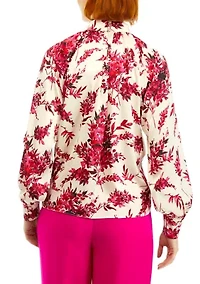 Petite Long Sleeve Mock Neck Satin Blouse