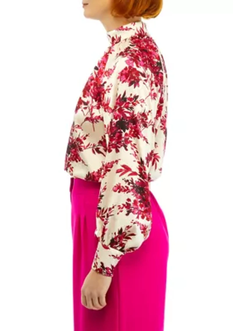 Petite Long Sleeve Mock Neck Satin Blouse