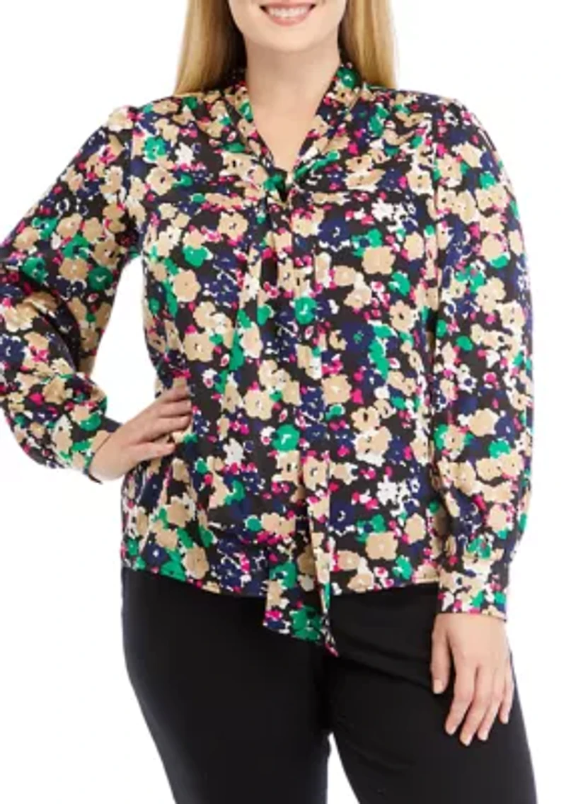 Plus Long Sleeve Tie Neck Blouse