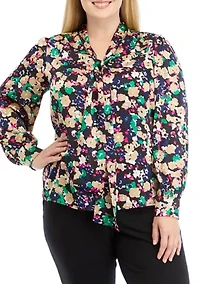 Plus Long Sleeve Tie Neck Blouse