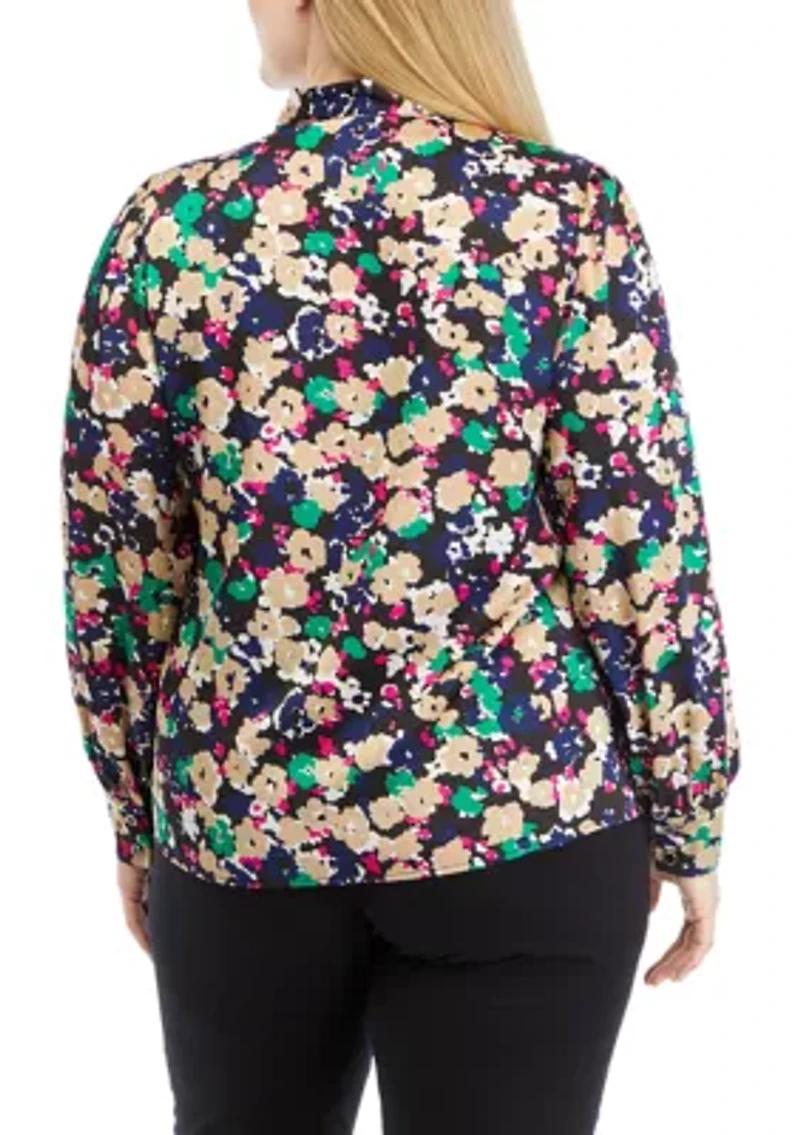 Plus Long Sleeve Tie Neck Blouse
