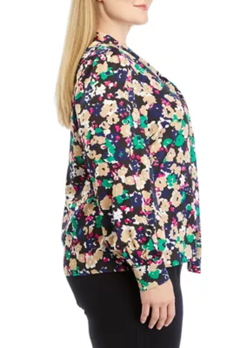 Plus Long Sleeve Tie Neck Blouse