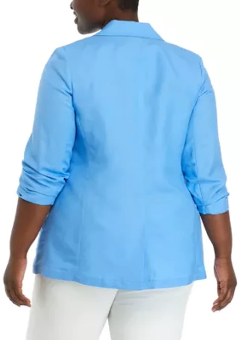 Plus Linen One Button Notch Collar Blazer with Scrunch Sleeve
