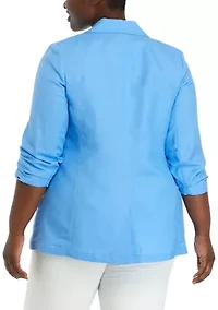 Plus Linen One Button Notch Collar Blazer with Scrunch Sleeve