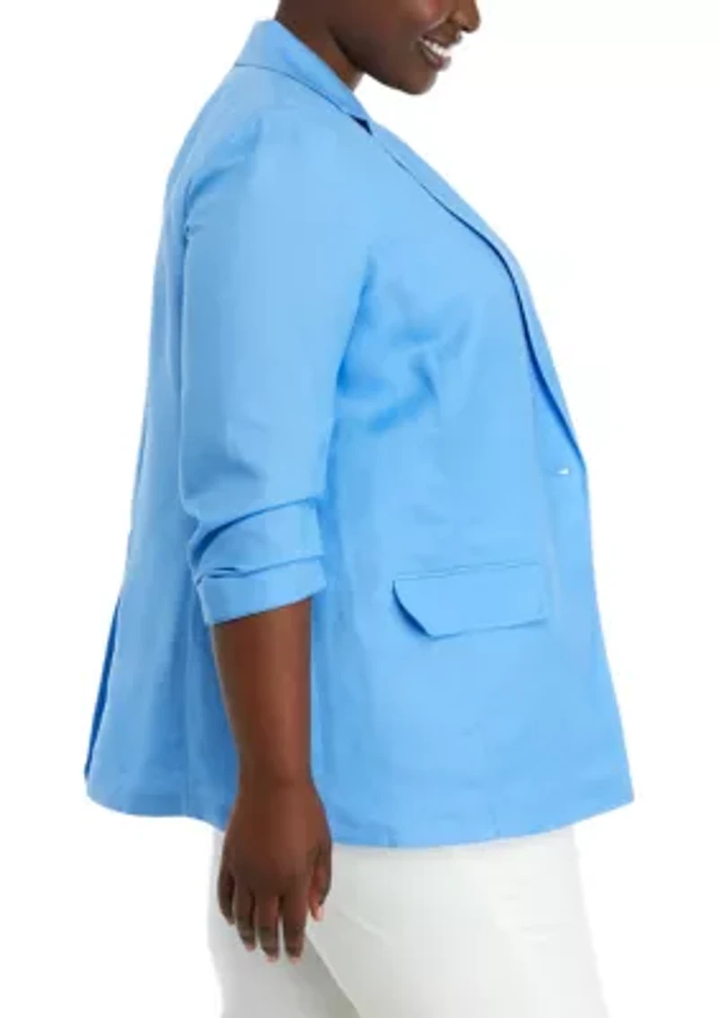 Plus Linen One Button Notch Collar Blazer with Scrunch Sleeve
