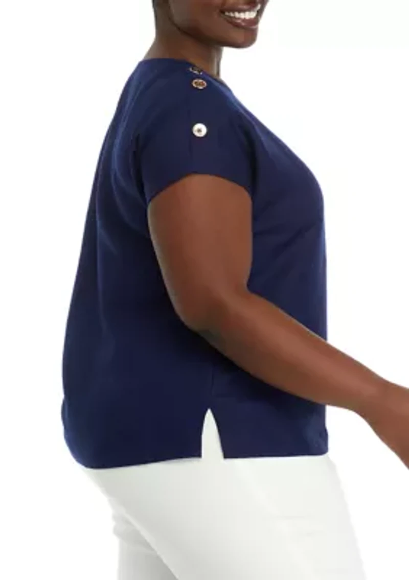 Plus Short Sleeve Button Detail Blouse