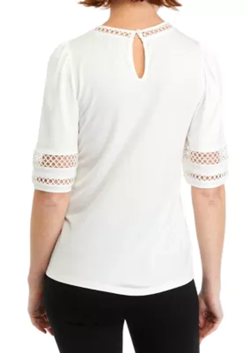 Petite Harmony Knit Lace Trim Elbow Sleeve T-Shirt