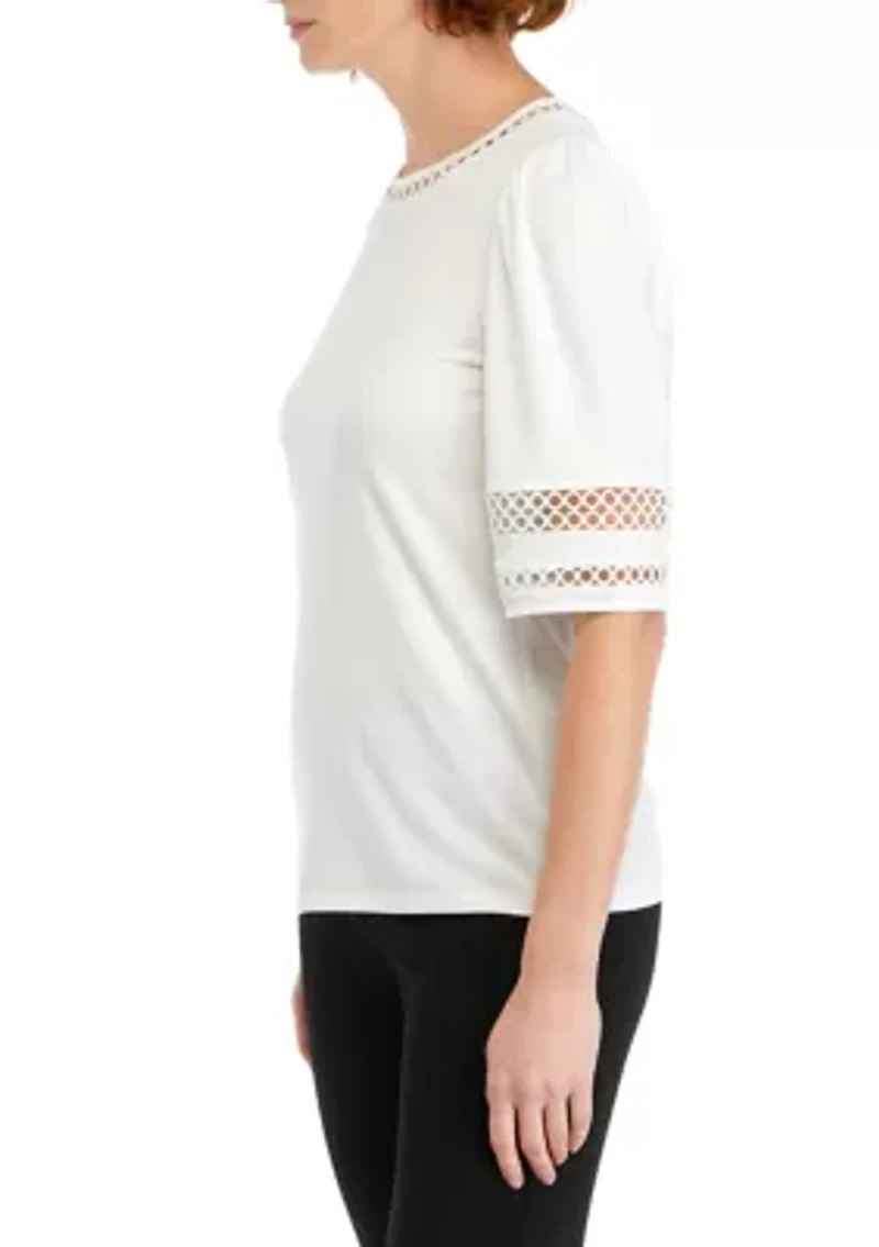 Petite Harmony Knit Lace Trim Elbow Sleeve T-Shirt