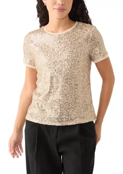 Petite Banded Linear Sequin Triple Mesh T-Shirt