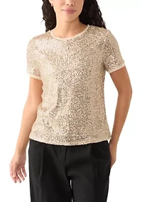 Petite Banded Linear Sequin Triple Mesh T-Shirt
