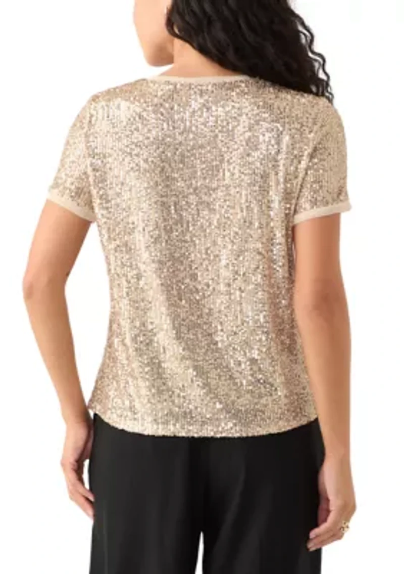 Petite Banded Linear Sequin Triple Mesh T-Shirt