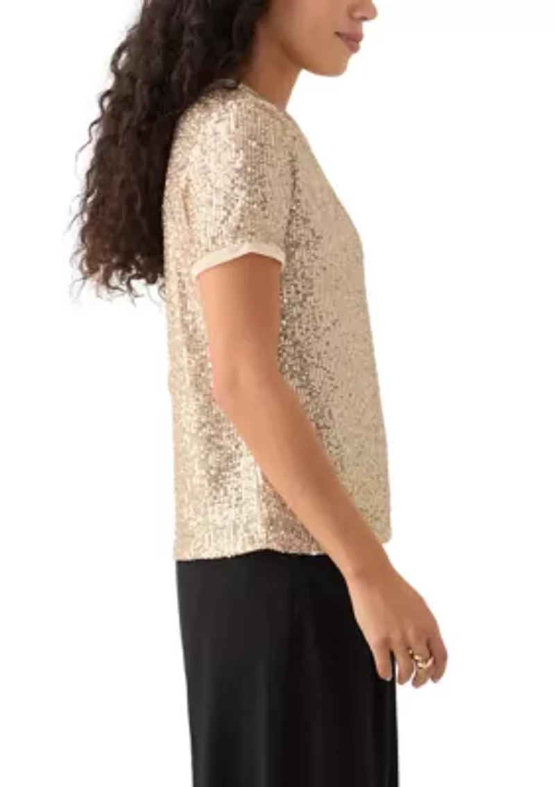 Petite Banded Linear Sequin Triple Mesh T-Shirt