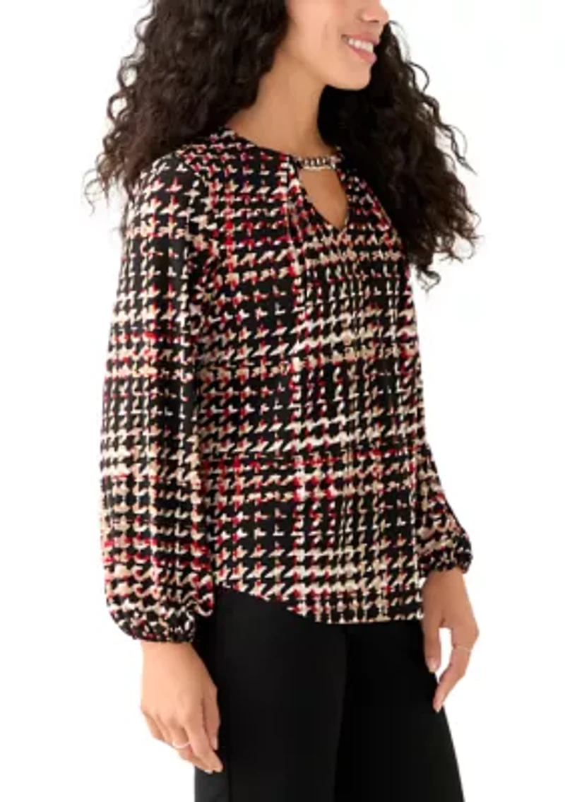 Petite Printed Long Sleeve Pleat Neck Blouse
