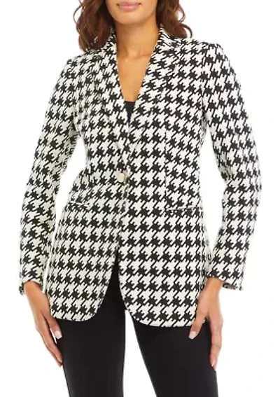 Women's Houndstooth One Button Notch Collar Jacket with Besom Pockets