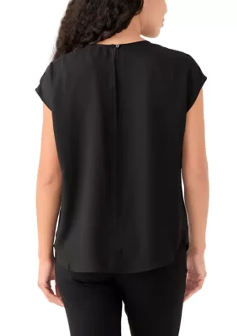 Petite Short Sleeve Split Neck Blouse