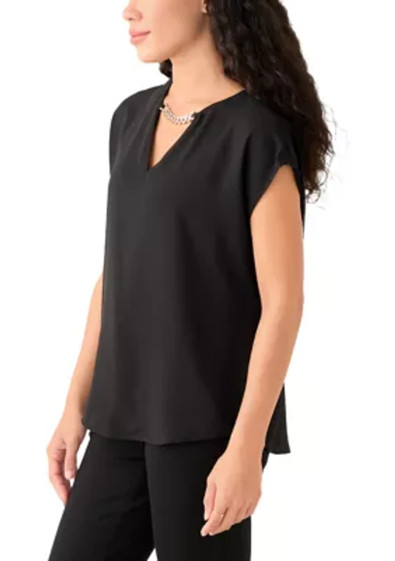 Petite Short Sleeve Split Neck Blouse