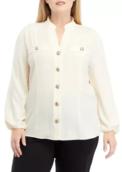 Plus High Neck Button Front Blouse with Long Sleeve
