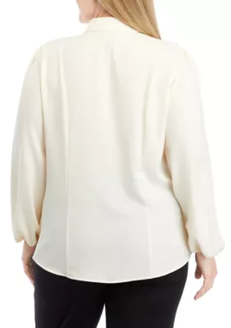 Plus High Neck Button Front Blouse with Long Sleeve