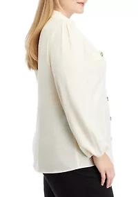 Plus High Neck Button Front Blouse with Long Sleeve