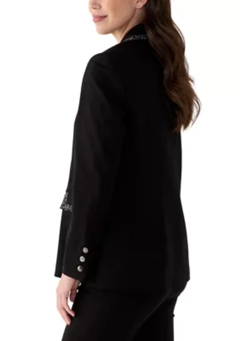 Women's Long Sleeve Leopard Print Trim Blazer