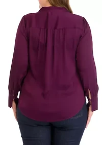 Plus Long Sleeve V-Neck Pleat Front Blouse