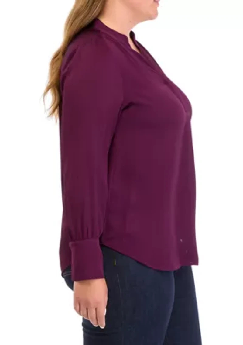 Plus Long Sleeve V-Neck Pleat Front Blouse