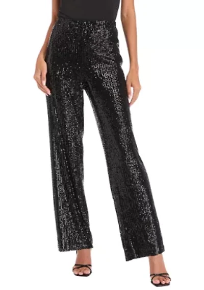 Petite Pull On Hollywood Waist Wide Leg Sequin Mesh Pants