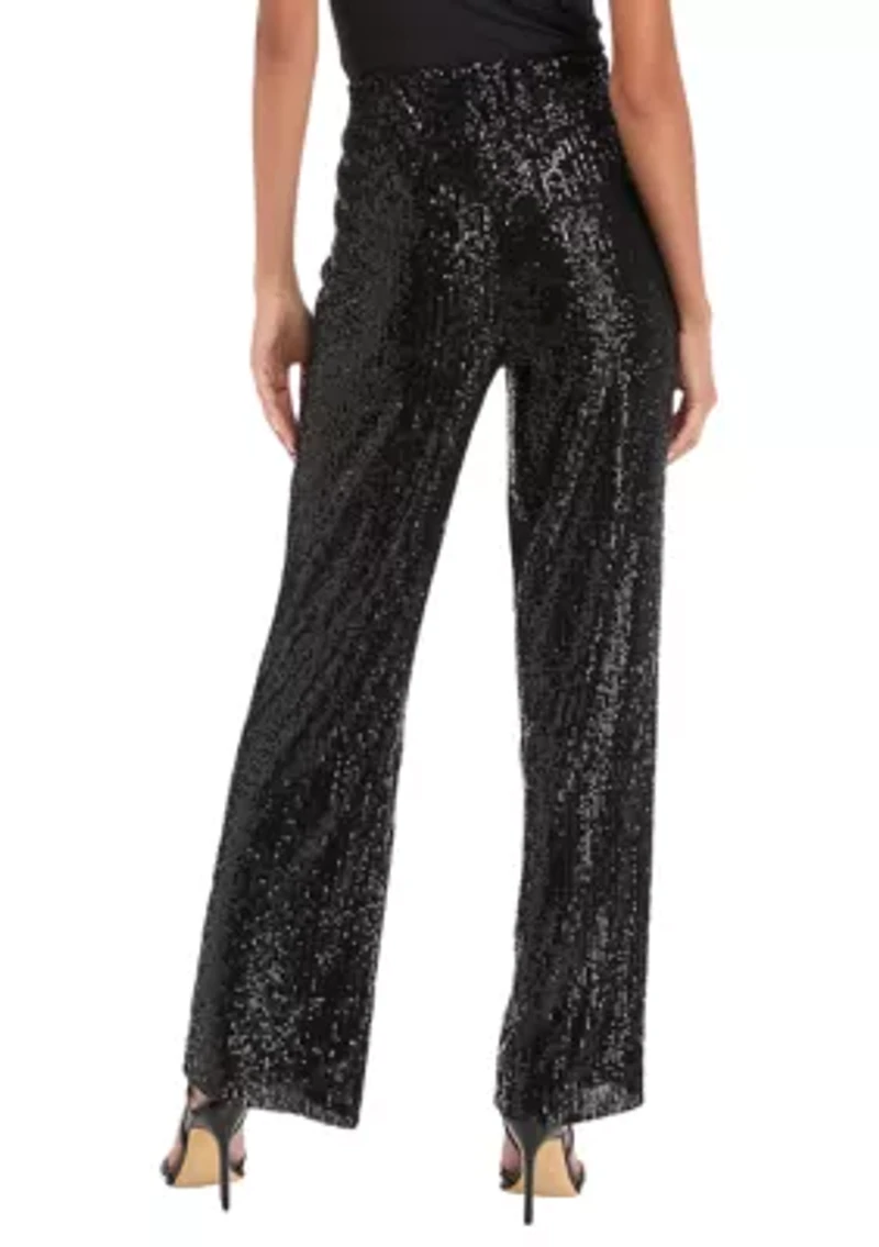 Petite Pull On Hollywood Waist Wide Leg Sequin Mesh Pants
