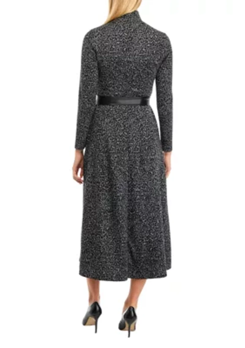 Petite Long Sleeve Mock Neck Midi Dress with Belt