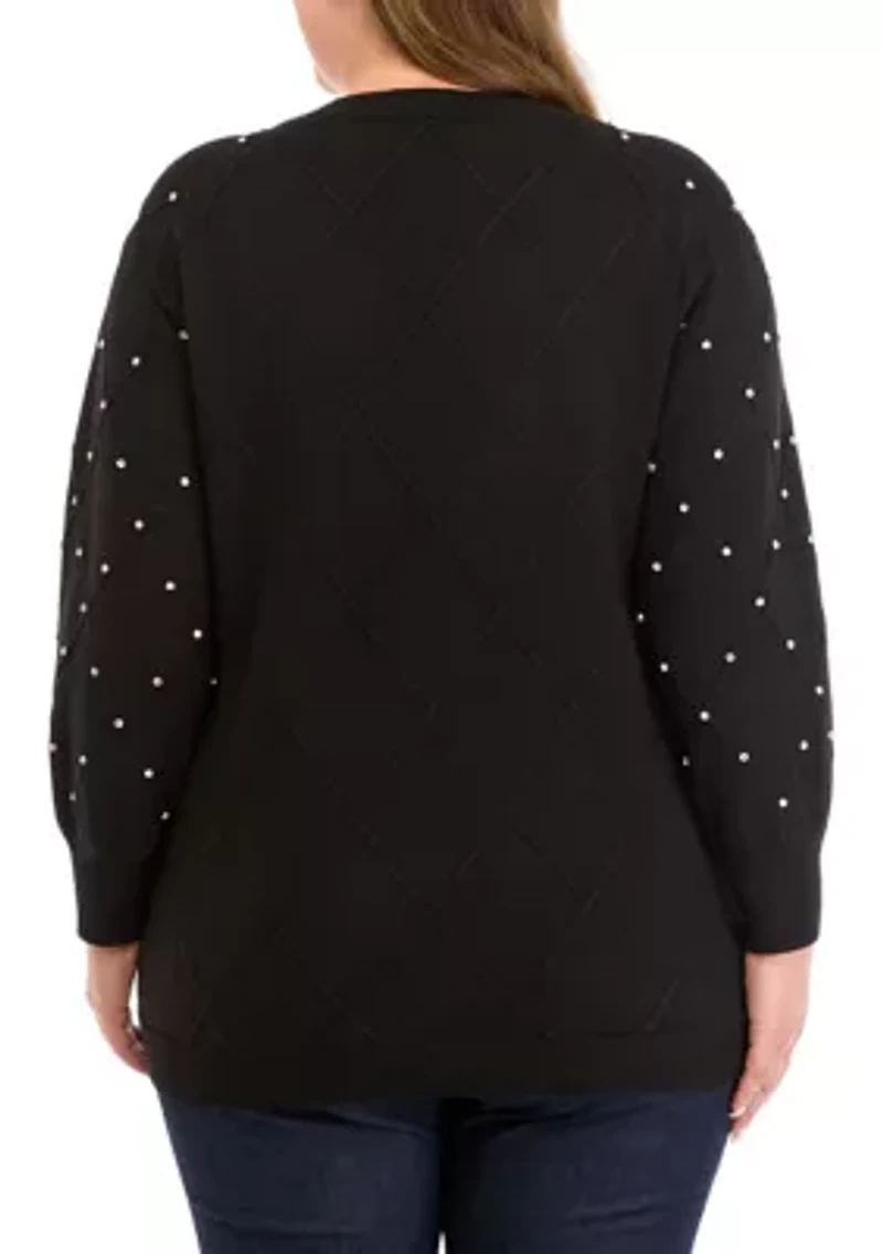 Plus Embellished Diamond Stitch V-Neck Sweater
