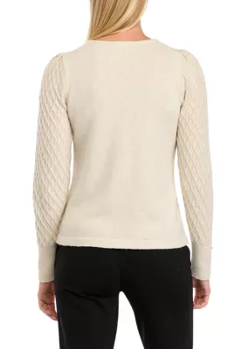 Petite Diamond Stitch Puff Sleeve Crew Neck Sweater