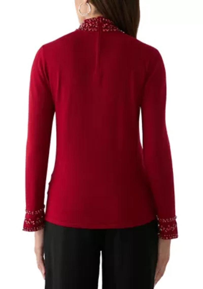 Women's Long Sleeve Rhinestone Mock Neck Sweater