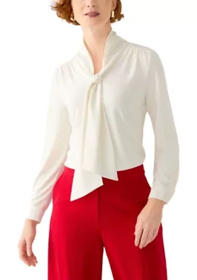 Petite Long Sleeve Mixed Media Tie Front Blouse
