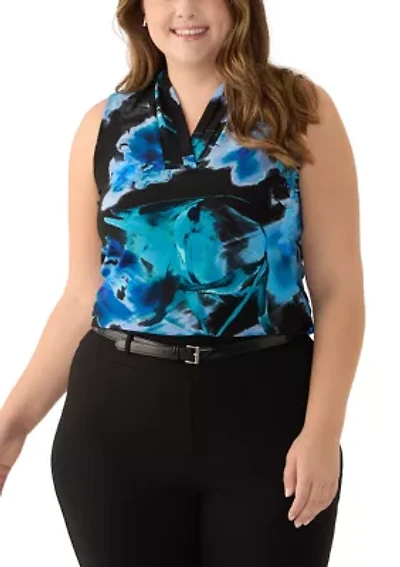 Plus Sleeveless Triple Pleat Printed Top