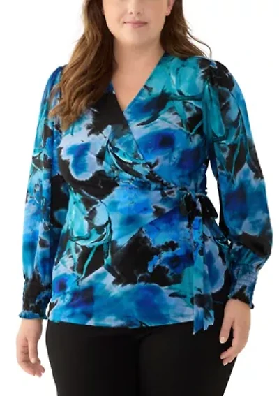 Plus Long Sleeve Printed Wrap Top