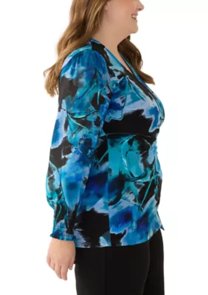 Plus Long Sleeve Printed Wrap Top