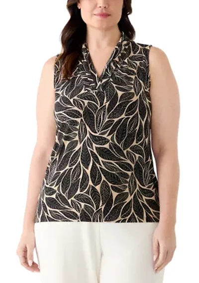 Plus Triple Pleat Leaf Print Sleeveless Blouse