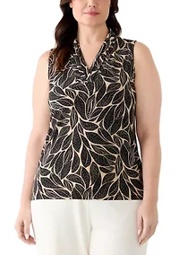 Plus Triple Pleat Leaf Print Sleeveless Blouse