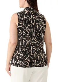 Plus Triple Pleat Leaf Print Sleeveless Blouse