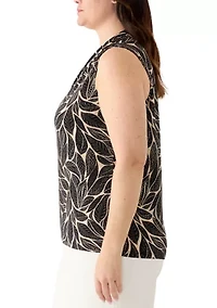 Plus Triple Pleat Leaf Print Sleeveless Blouse