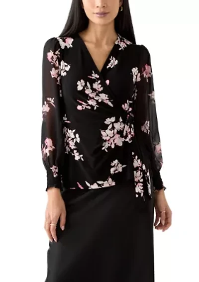 Petite Long Sleeve Smocked Wrap Top