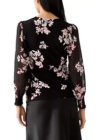 Petite Long Sleeve Smocked Wrap Top