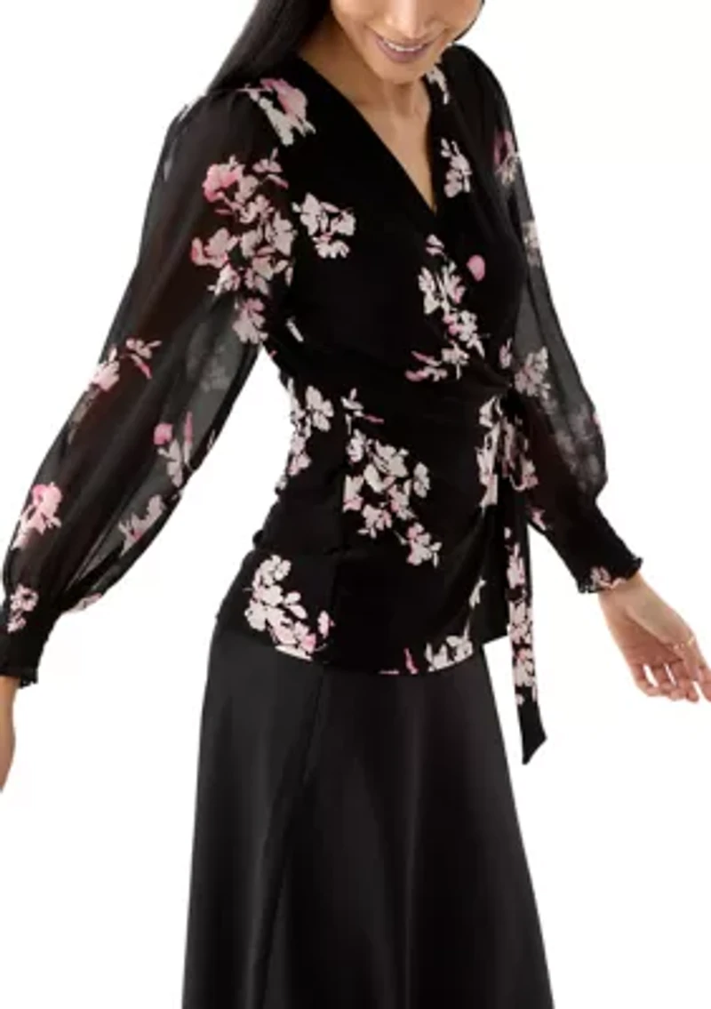 Petite Long Sleeve Smocked Wrap Top